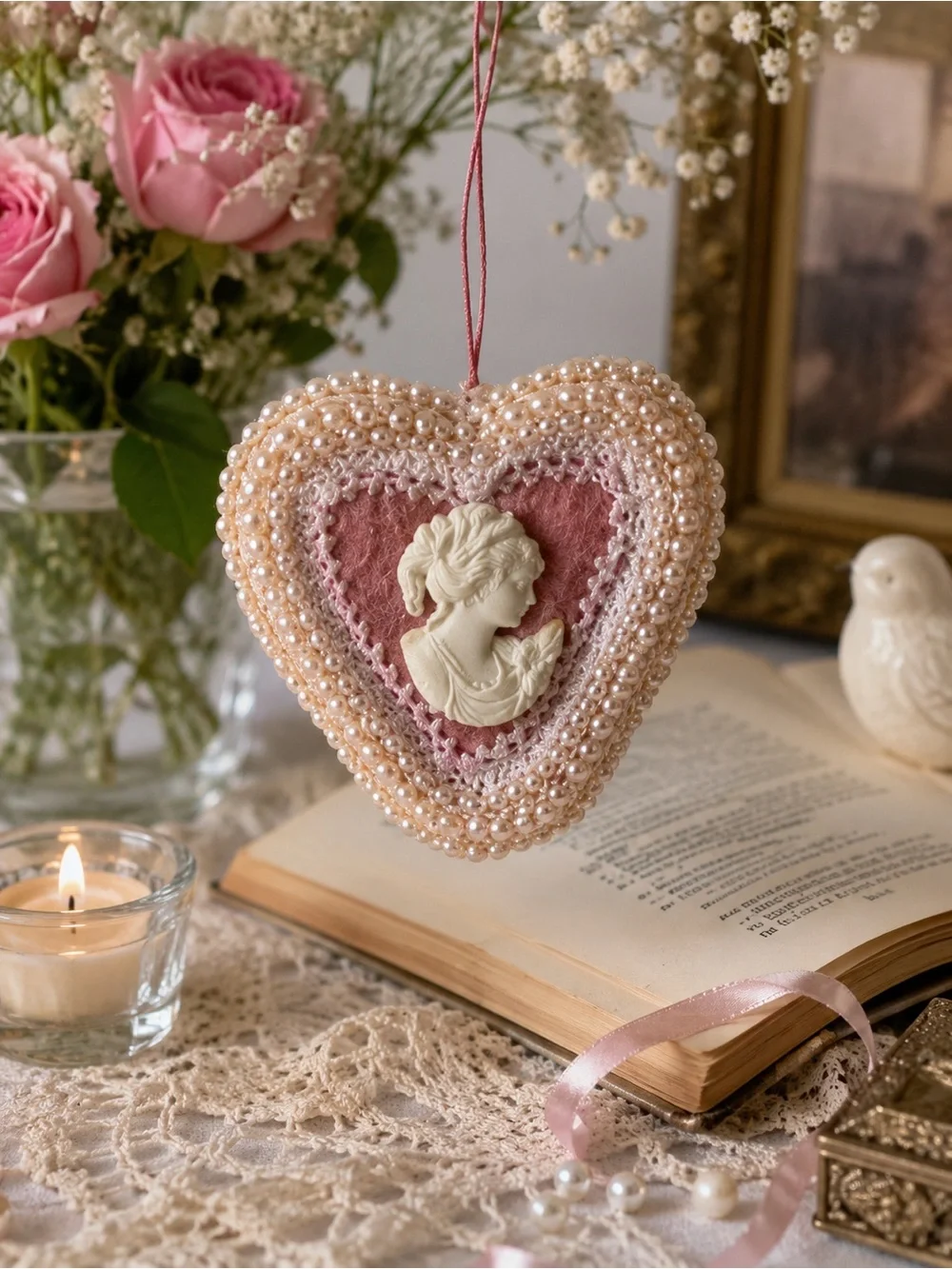 Rare Vintage 1970’s Victorian Pearl Beaded Heart Cameo Ornament in Dusty Rose